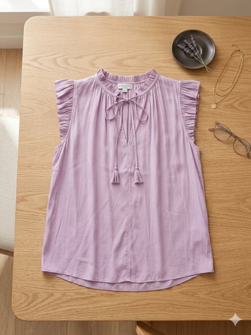 Current Air Lavender Ruffle Cap Sleeve Tie Neck Blouse XS